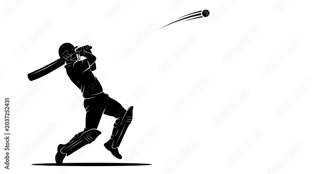 Fototapeta premium Cricket Player Silhouette Swinging Bat at Ball Action Shot Illustration