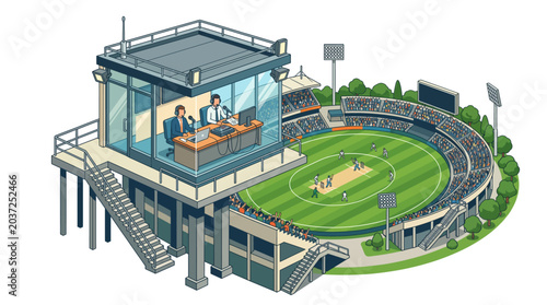 Isometric Cricket Stadium with Broadcasting Booth and Players on Pitch Sports Entertainment Concept
