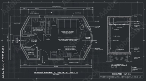 Foto Futuristic habitation pod unit architectural blueprint