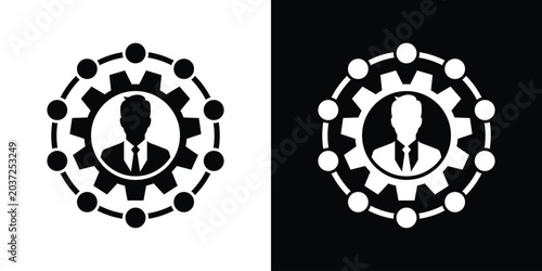 Obraz na płótnie Businessman silhouette inside a gear wheel surrounded by a network loop