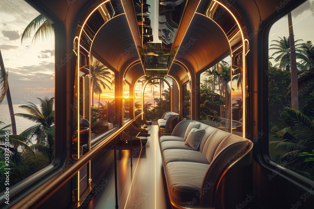 Fototapeta premium Luxury train glides through tropical paradise