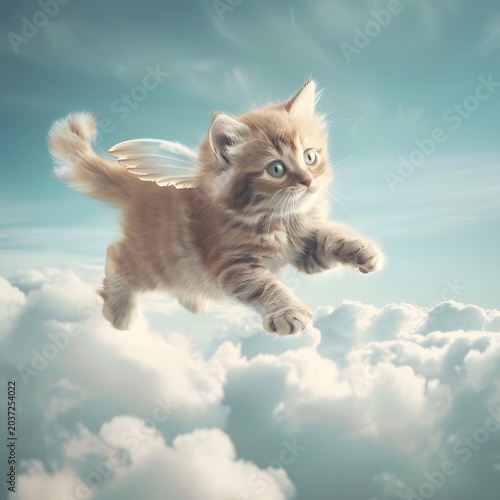 adorable kitten flying in the sky with tiny wings, surrounded by clouds and soft blue tones, fantasy cute style, minimal composition, high detail