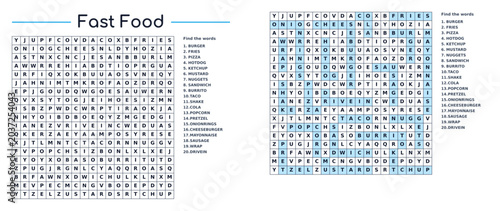 A puzzle for finding words about food on the topic of Fast food for children and adults in a grid format on a transparent background – Printable worksheet