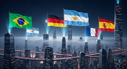 International Flags Waving High Above a Modern, Connected Metropolis, Symbolizing Global Collaboration and Technological Unity in a Futuristic Urban Landscape
