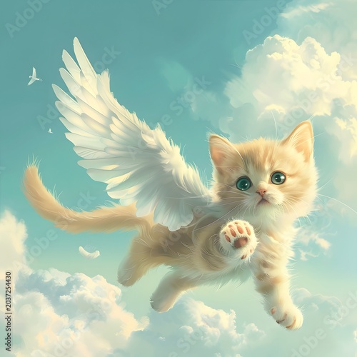 adorable kitten flying in the sky with tiny wings, surrounded by clouds and soft blue tones, fantasy cute style, minimal composition, high detail