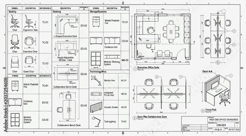 Bild auf Leinwand Technical architectural drawing of office furniture layout and workspace design