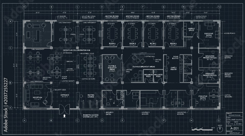 Foto Detailed architectural blueprint of an office floor plan with grid lines and tec