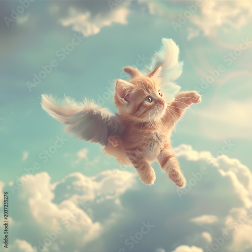 adorable kitten flying in the sky with tiny wings, surrounded by clouds and soft blue tones, fantasy cute style, minimal composition, high detail