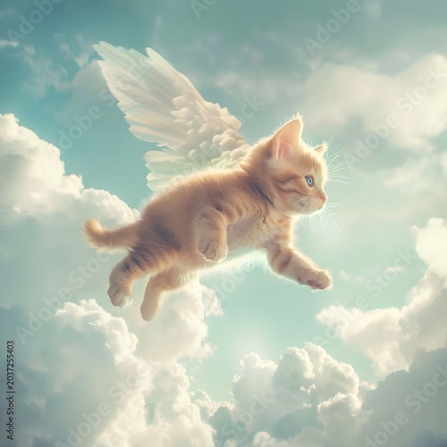 adorable kitten flying in the sky with tiny wings, surrounded by clouds and soft blue tones, fantasy cute style, minimal composition, high detail