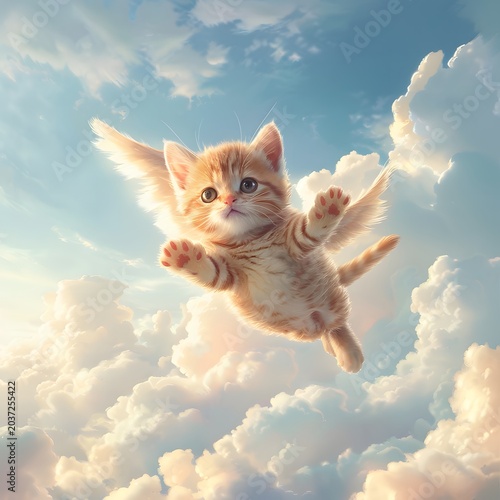 adorable kitten flying in the sky with tiny wings, surrounded by clouds and soft blue tones, fantasy cute style, minimal composition, high detail