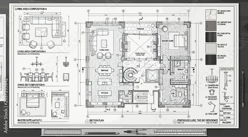 Bild auf Leinwand Architectural floor plan and interior design details for a luxury residence