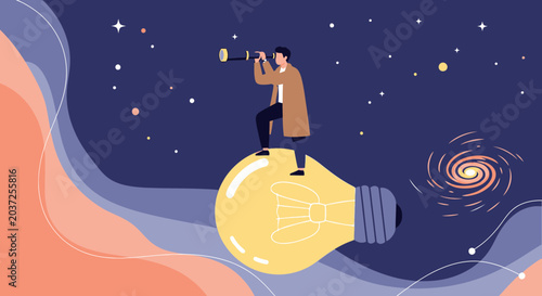 Man with telescope on lightbulb looking at stars, future concept
