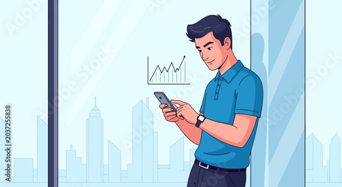 Man with smartphone and financial graph in modern office building, business concept