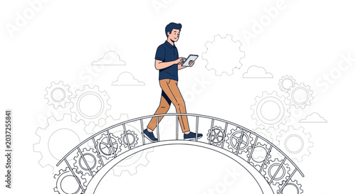 Man with Tablet Crossing Bridge of Gears, Business Success Concept