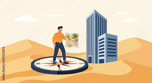 Man with map on compass in desert, near modern buildings, abstract concept