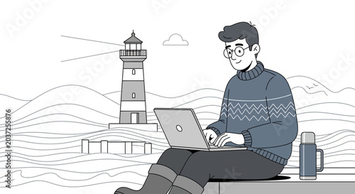 Man with laptop and thermos by lighthouse, remote work by the sea