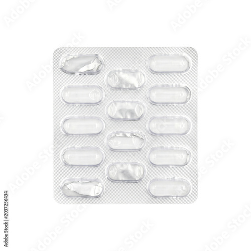 Foto Empty silver aluminum blister pack on transparent background