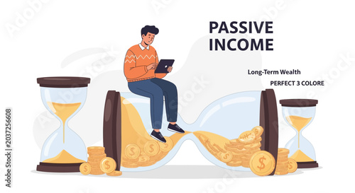 Man Using Tablet on Hourglass with Coins - Passive Income Concept