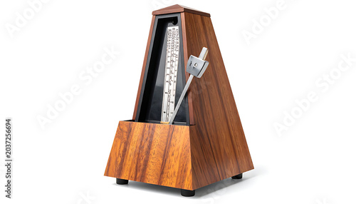 Classic wooden metronome with swinging pendulum, isolated on white, musical timing and rhythm tool