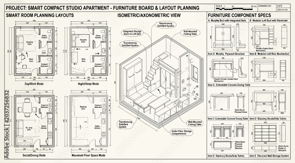 Fototapeta premium Architectural floor plan and furniture board for a smart compact studio apartment design