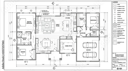 Bild auf Leinwand Architectural floor plan of a modern singlestory residential house with garage