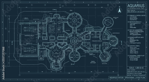 Quadro su tela Architectural floor plan blueprint of a futuristic base station with technical s