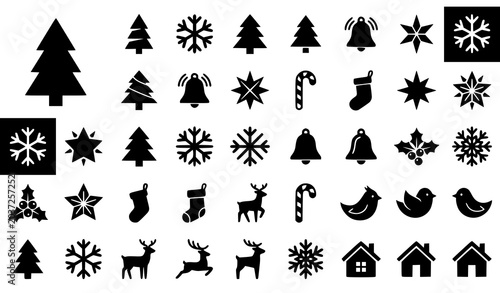 Minimal black Christmas glyph icon vector collection with festive winter holiday symbols set