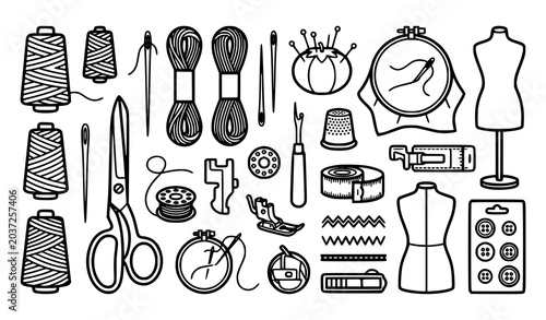 Fotografie Minimal black line sewing accessories and needlework tools vector collection for
