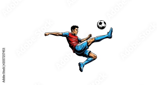 Digital illustration of a male soccer player mid-air performing a powerful bicycle kick with a soccer ball, wearing a red and blue kit, isolated on a clean white background.