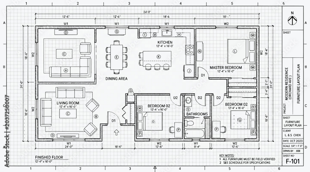 Fototapeta premium Architectural floor plan of a residential house showing furniture layout