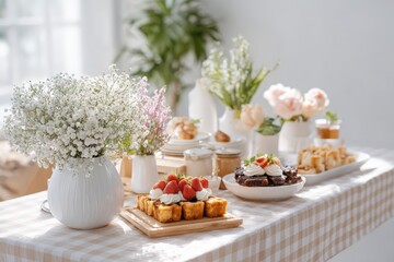 Stylish juneteenth picnic table with assorted desserts, pastries and floral centerpieces on gingham tablecloth for celebration background and event banner design