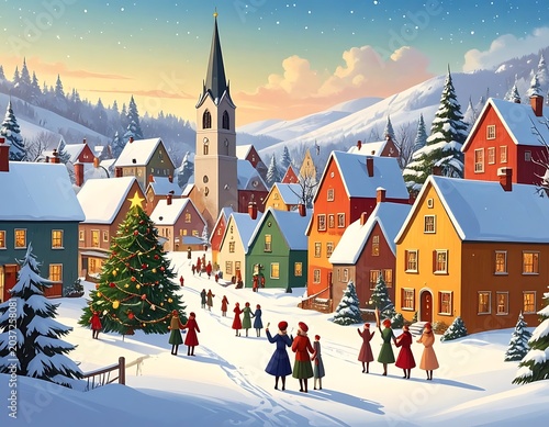 Winter village scene with snow covered houses.
