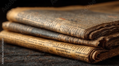 Old newspaper texture, blurred text columns, yellowed aged paper, vintage media background, grunge overlay style 