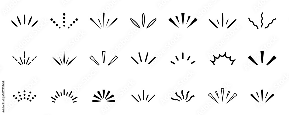 Fototapeta premium Doodle sparkle and rays set. Sunburst rays. Elements firework explosion, sun beams, lines, surprise, confetti, decorative, retro style.