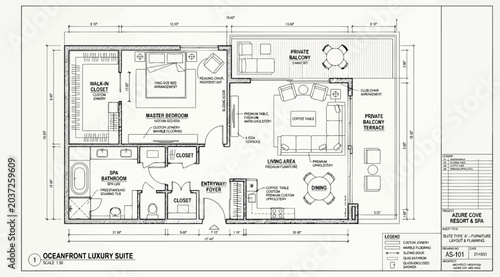 Photos Detailed architectural floor plan of an oceanfront luxury suite