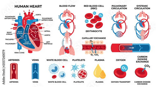 Human Heart Anatomy and Blood Circulation Diagram - Medical Science Illustration