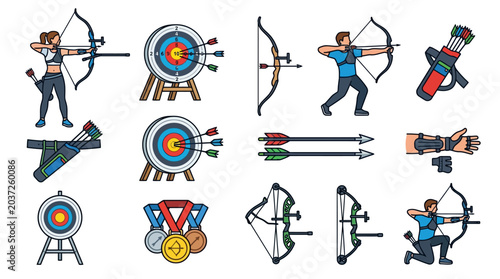 Archery Equipment and Athletes Set: Bows, Arrows, Targets, Medals, and Action Poses