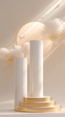 Tall marble column podiums with golden stepped base and soft sunlight for juneteenth ceremonial pedestal background and premium display design