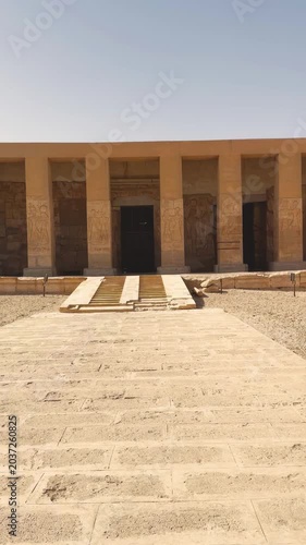Beautiful interiors and ancient hieroglyphs in the Temple of Seti I in Abydos, Egypt.