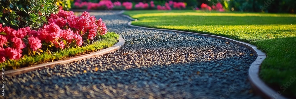 Fototapeta premium Winding Gravel Path in Lush Garden Surrounded by Vibrant Azaleas and Beautiful Stone Borders