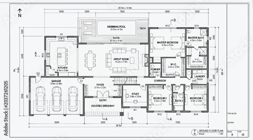Quadro su tela Comprehensive architectural floor plan of a large luxury villa with garage and p