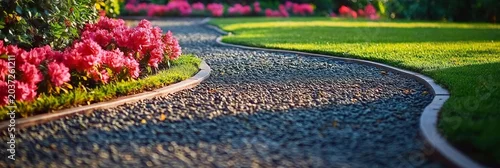 Panel kuchenny z motywem Winding Gravel Path in Lush Garden Surrounded by Vibrant Azaleas and Beautiful Stone Borders