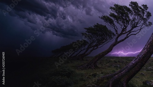 Dramatic Night Lightning Storm over Windswept Trees on Hill, Purple Sky Landscape for Website Banner and Hero Header, Resilience and Nature Power Concept with Copy Space