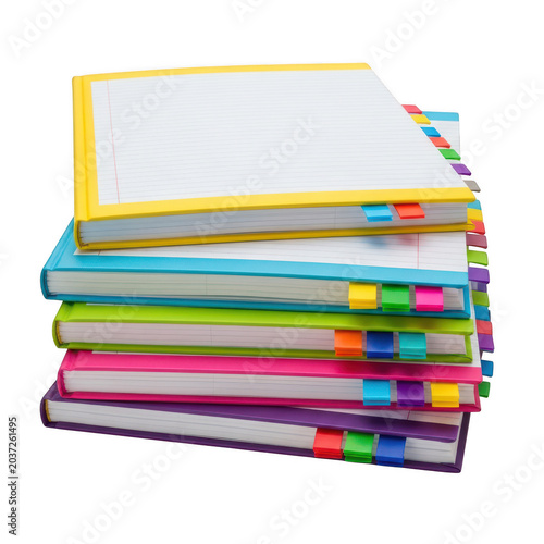 Stack of colorful notebooks with pens on top isolated on transparent background