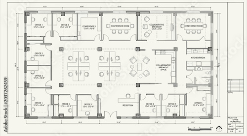 Foto Detailed architectural floor plan of a corporate office with private rooms and w