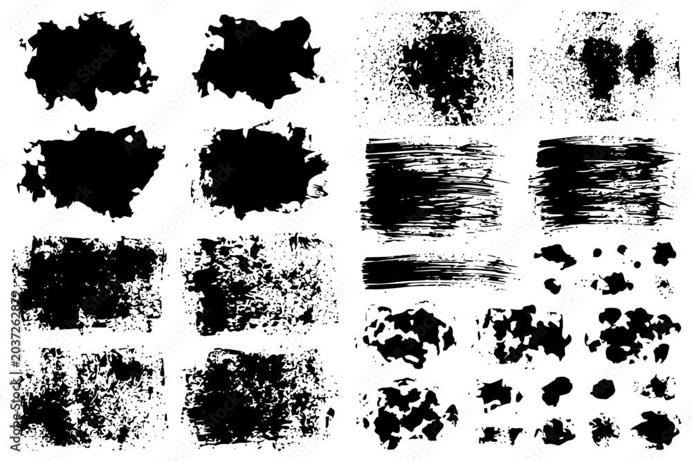 Fototapeta premium Abstract grunge textures set with ink splatter and brush strokes on white background.