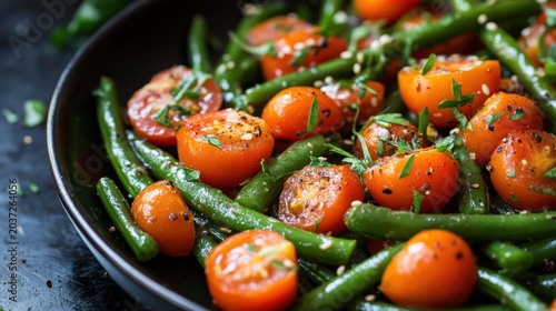Fresh green bean and cherry tomato salad with herbs and spices