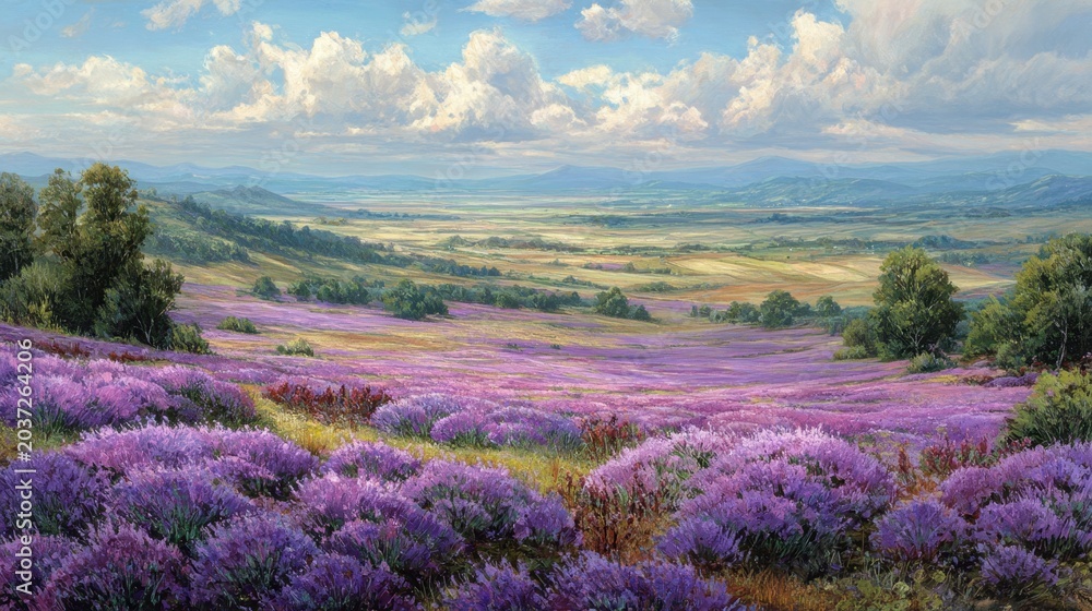 Obraz premium Vast lavender fields stretching across rolling hills under a cloudy sky