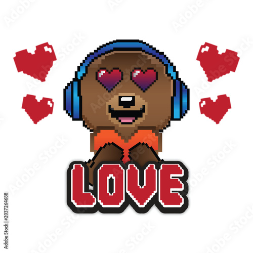 Pixel Art Love Bear with Headphones Gaming Mascot