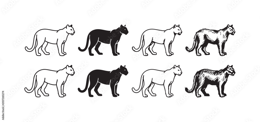 Fototapeta premium Set of eight black and white hand-drawn big cat illustrations, depicting pumas or panthers in varied artistic styles.